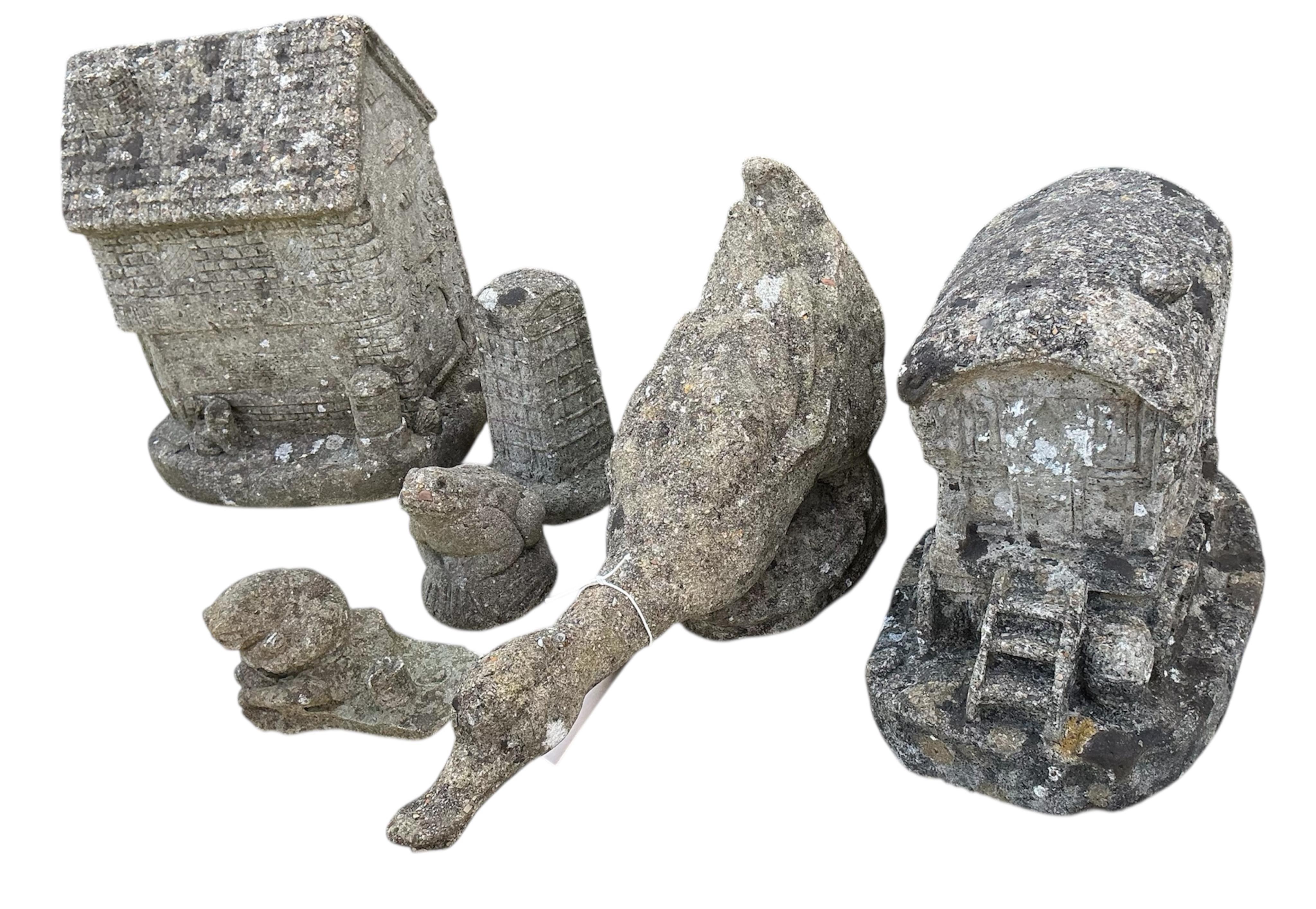 A reconstituted stone circular garden pedestal, height 53cm together with six assorted garden ornaments